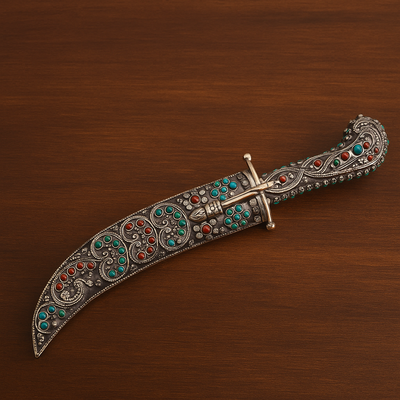 Handcrafted Silver Plated Kataar with Gemstone Inlay