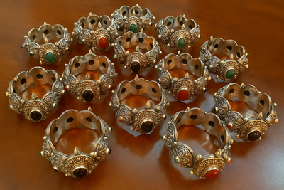 Handcrafted Antique Silver Cuff Bracelet with Red Gemstone Accents