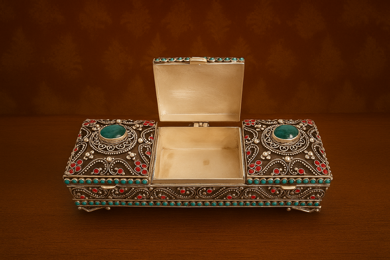 Antique Silver Plated Jewelry Box with Gemstone
