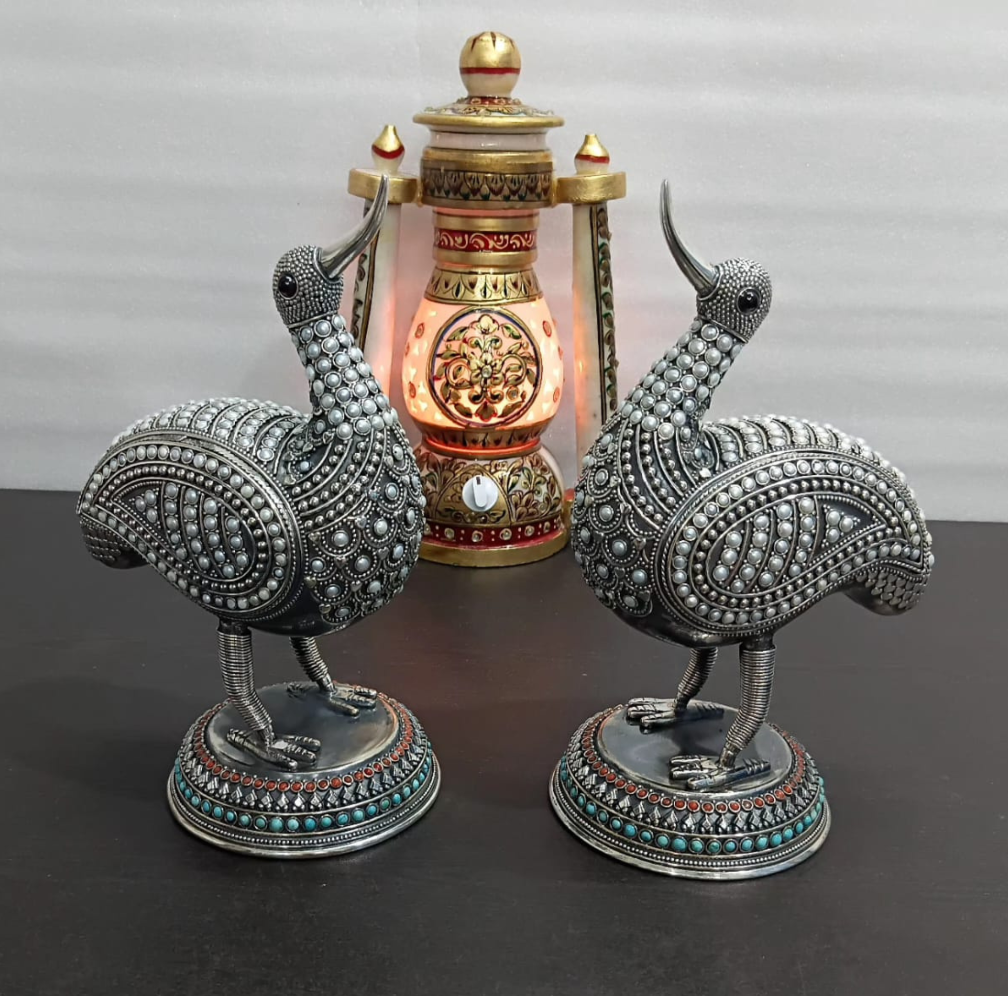 Handcrafted 925 Silver Duck Figurine with Pearls & Stone Work