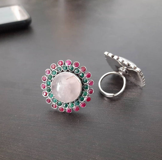 925 Silver Statement Ring with Rose Quartz