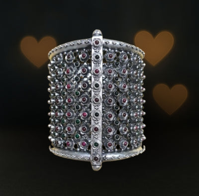 Silver Antique Kada with Multicolor Stones