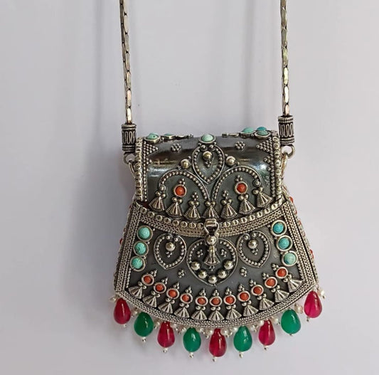 Oxidized Sterling 925 Silver Purse with Gemstone Detailing