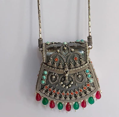 Oxidized Sterling 925 Silver Purse with Gemstone Detailing